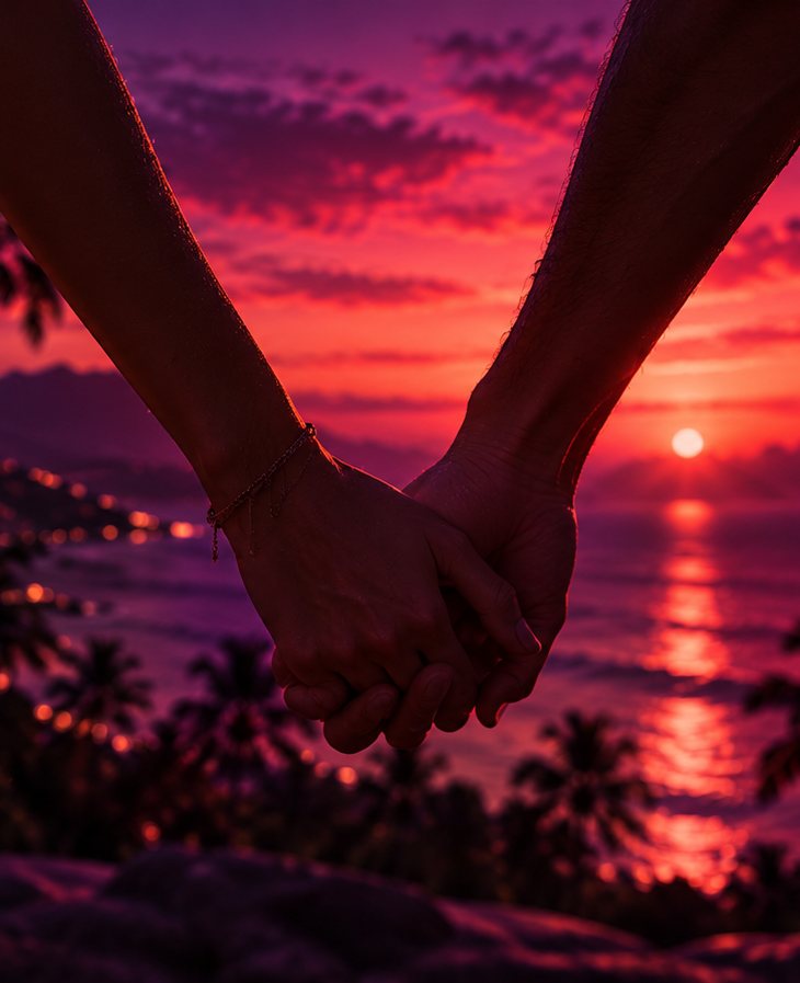 A couple holding hands in front of a sunset over the ocean